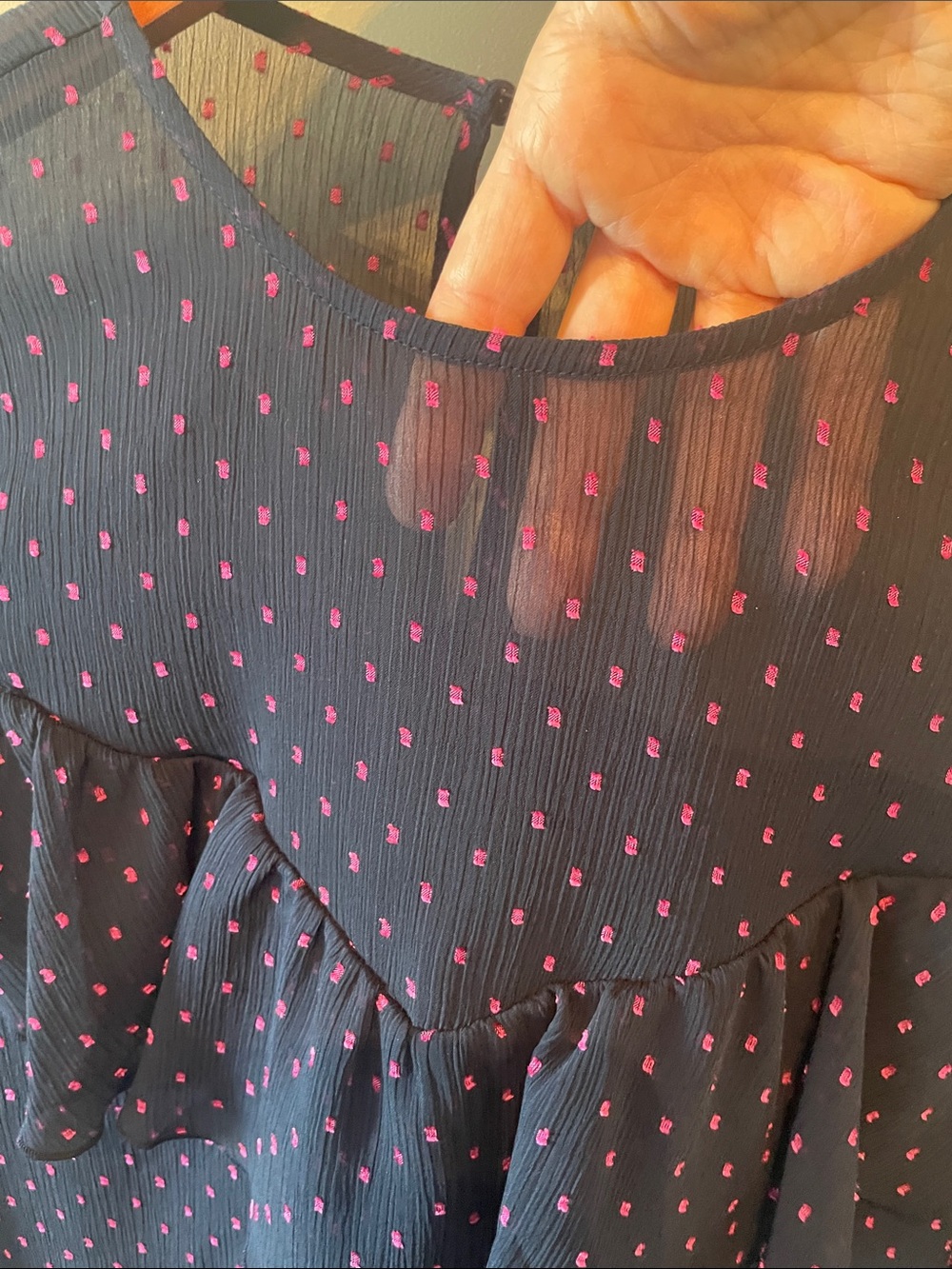 Express Navy Blouse with Pink Dots Size Small - Picture 3 of 10
